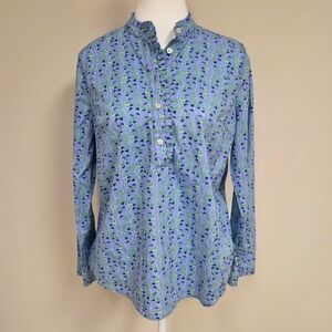 Talbots Petites Womens Blue Green Floral Ruffle Button Up Shirt Top Size SP